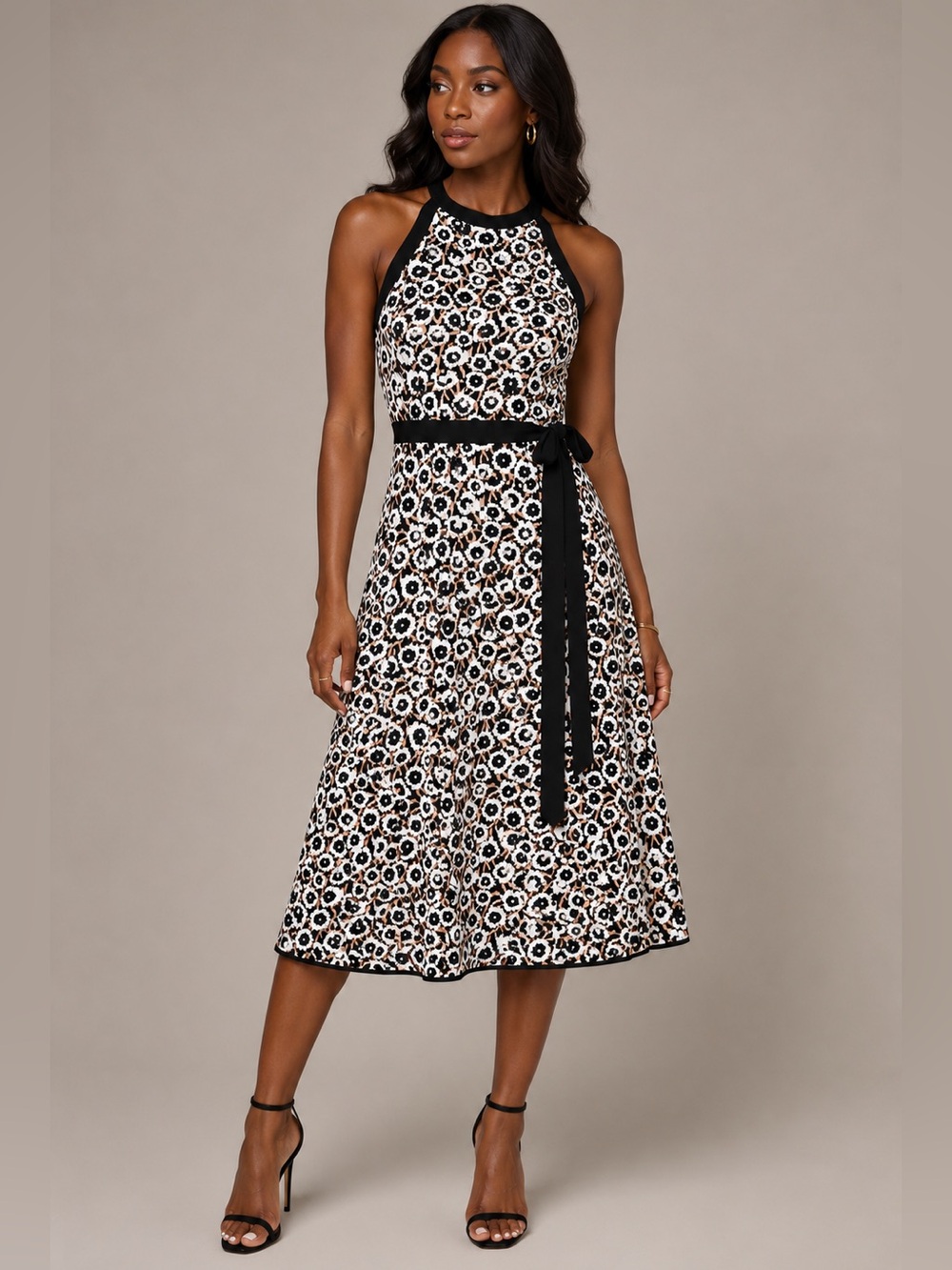 Diane Von Furstenberg Halter Midi Dress Black White Tan Floral Tie Waist S